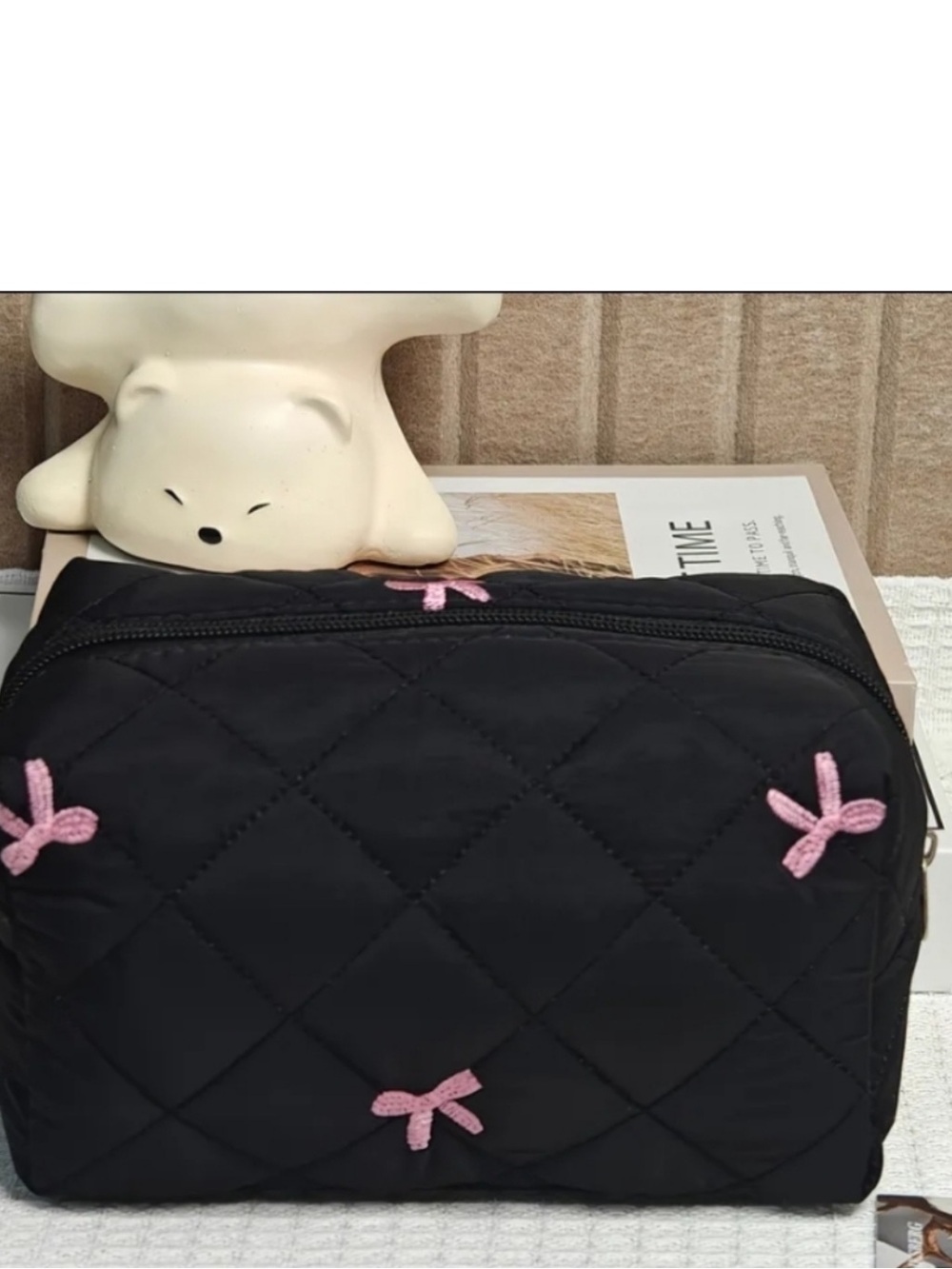 Black Quilted Kids Cosmetic Pouch with Pink Bows